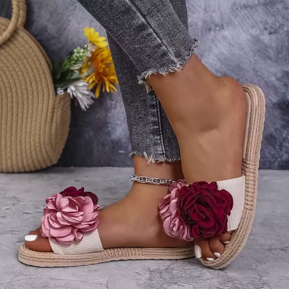 Red and Pink Slide Sandals with Floral Embellishments - Picture 4 of 7